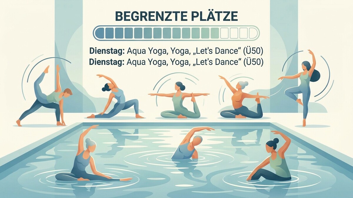 Aqua Yoga und Tanzkurse in Wien: Frauen in verschiedenen Yoga- und Tanzpositionen am Beckenrand und im Wasser.