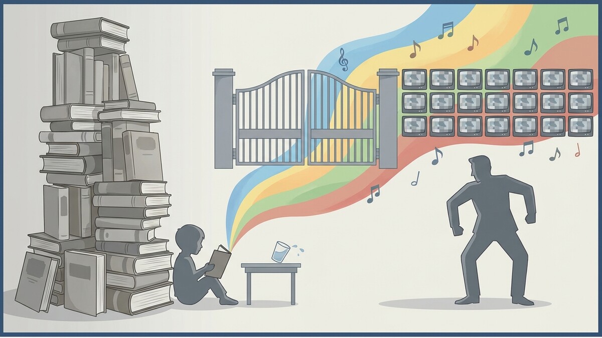 Bücherstapel, lesendes Kind, Tor, Regenbogen, Fernseher und tanzende Silhouette