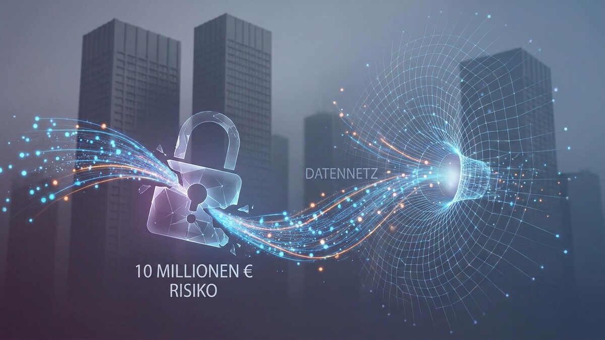 Datennetz: Offenes Schloss mit Lichtstrahlen und 10 Millionen Euro Risiko vor Hochhäusern