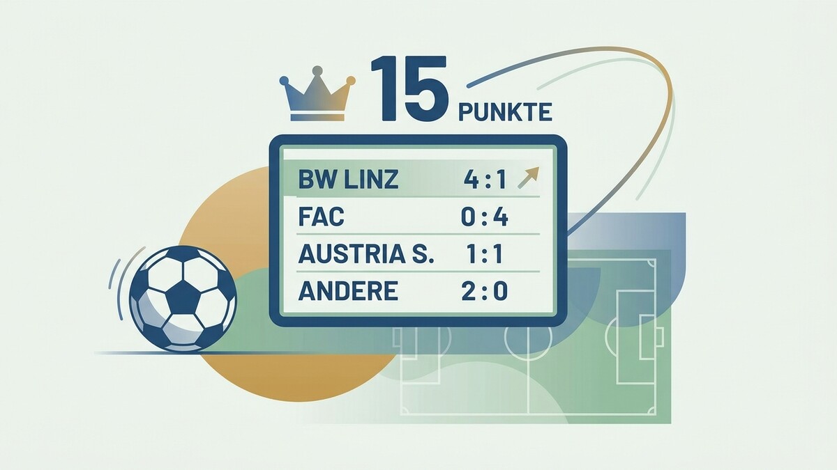 Fußballergebnisse mit 15 Punkten und den Spielen BW Linz gegen FAC und Austria S.