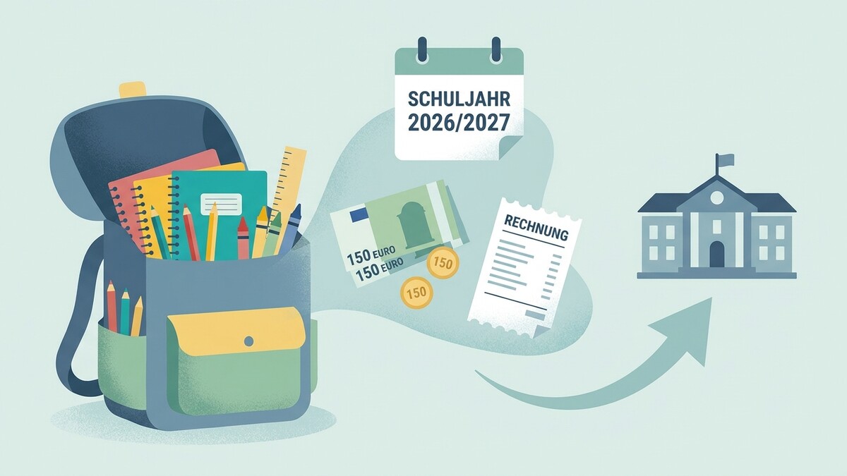 Schulranzen mit Schreibwaren, Euro-Scheine, Münzen und Rechnung vor Schulgebäude