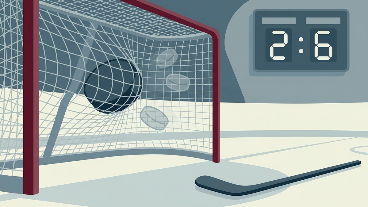 Eishockey-Tor mit Puck und Spielstand 2:6, Schläger liegt am Eis