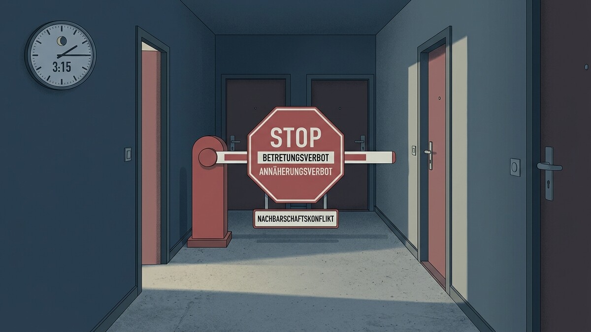 Nachbarschaftskonflikt: Absperrung mit STOP-Schild, Betretungs- und Annäherungsverbot