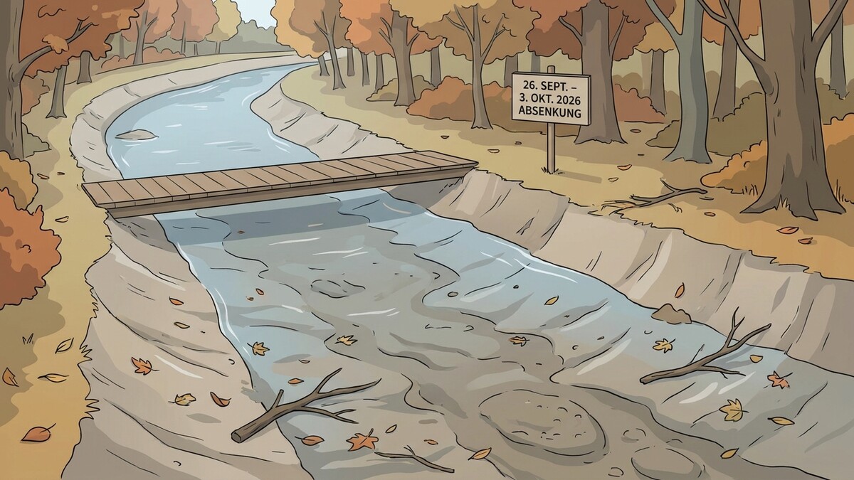 Herbstliche Uferlandschaft mit Holzbrücke über einem Bach und Schild mit "Absenkung"