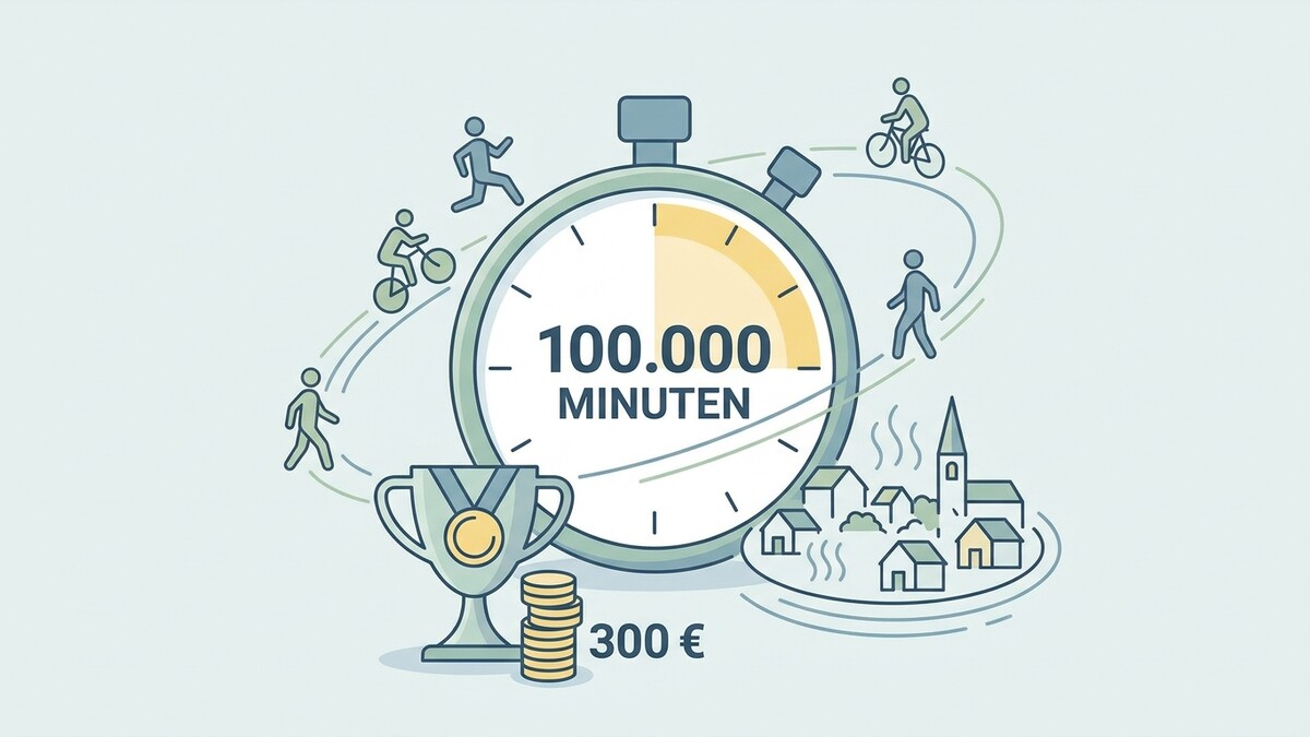 100.000 Minuten: Stoppuhr mit Sportlern, Dorf, Pokal und Geld.