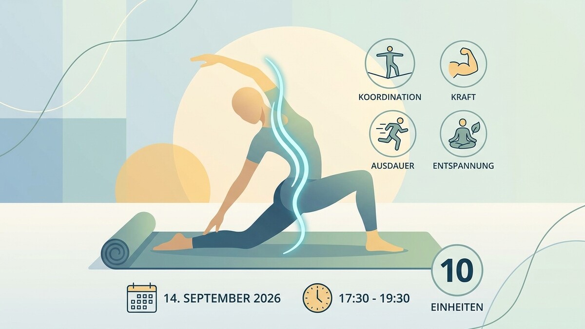 Yoga-Übung mit Icons für Koordination, Kraft, Ausdauer und Entspannung.