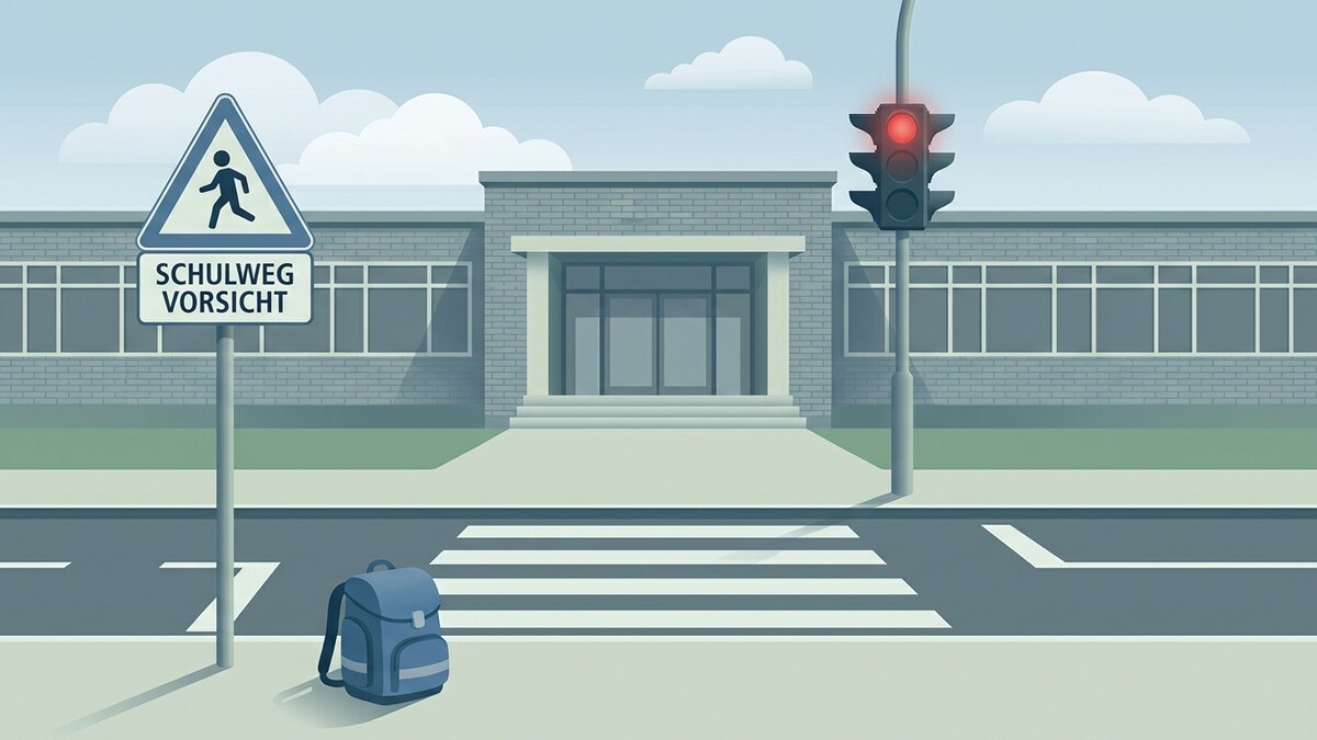 Schulweg-Schild mit Fußgänger und Warnung, Ampel auf Rot, Zebrastreifen und Schultasche vor Schulgebäude