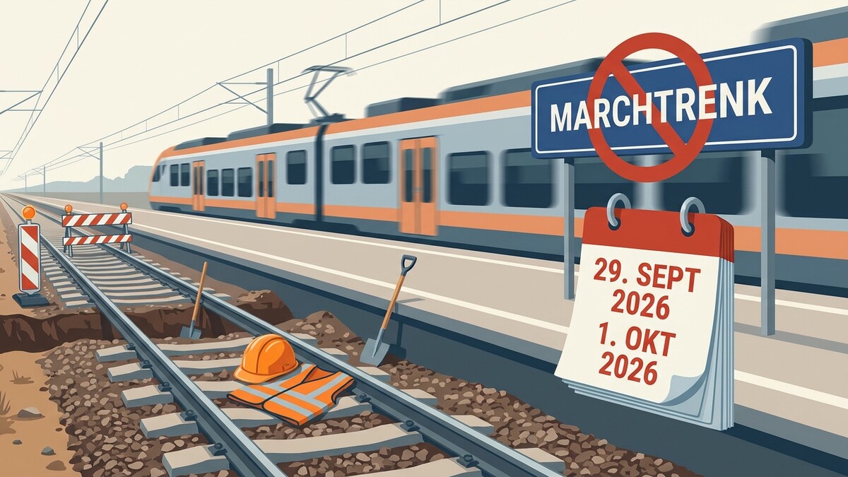Bahnstrecke Marchtrenk gesperrt 29. Sept. bis 1. Okt. 2026, Baustelle mit Zug