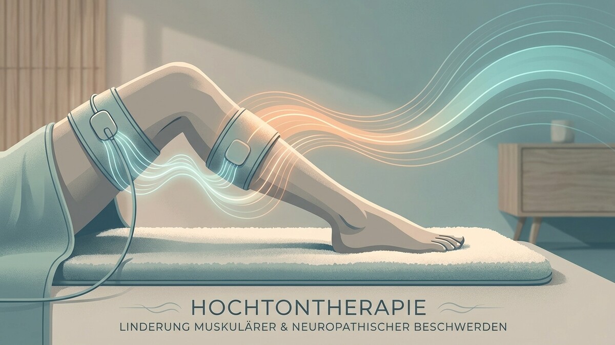 Hochtontherapie: Bein mit Elektroden und Wellenmustern für Linderung muskulärer & neuropathischer Beschwerden.