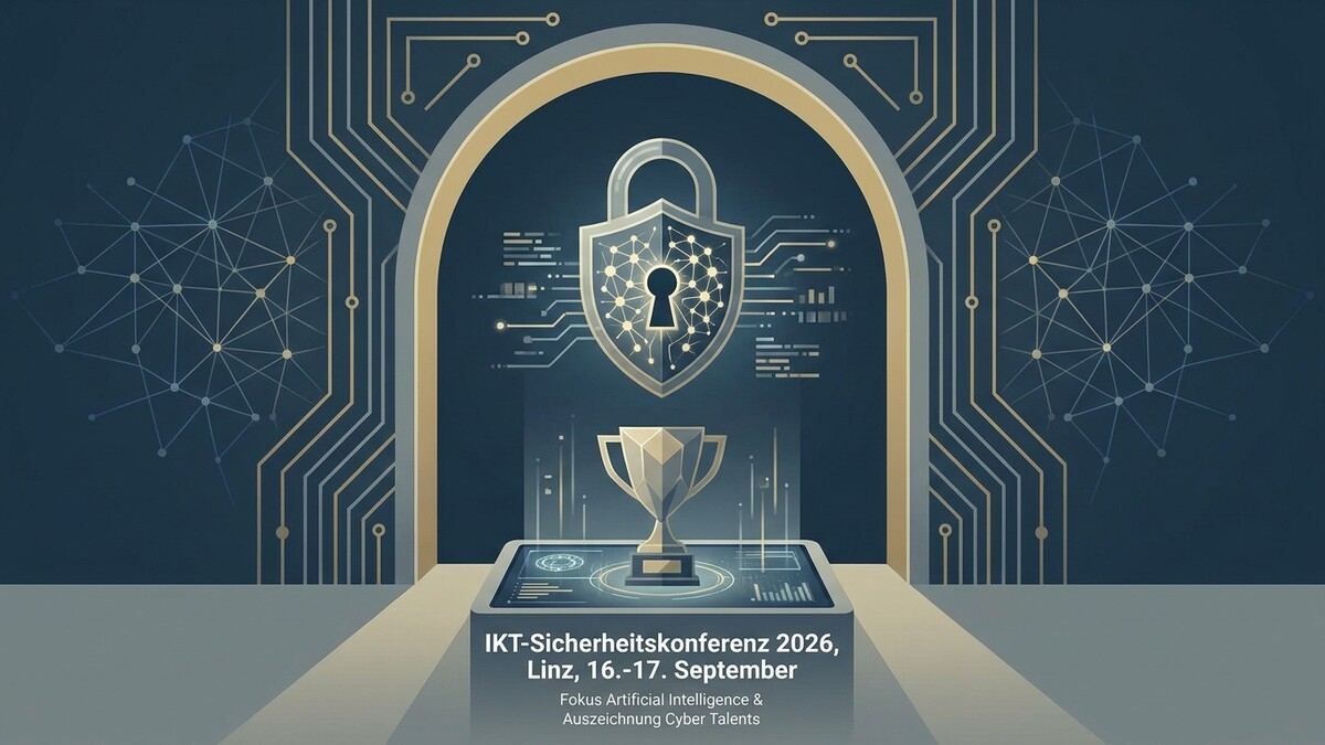 IKT-Sicherheitskonferenz Linz 2026: Pokal vor digitalem Schloss-Symbol