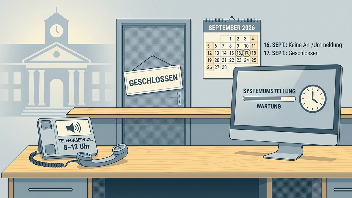 Geschlossene Behörde mit Schild, Kalender September 2026, Telefon und Computer mit Systemumstellung.