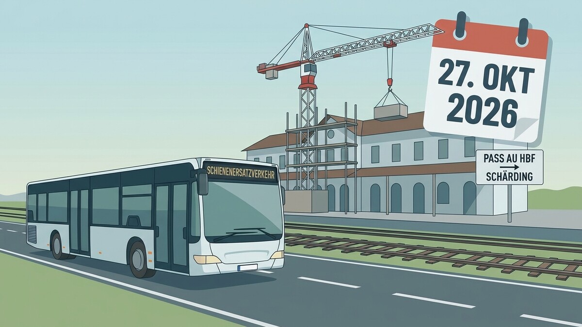 Schienenersatzverkehr-Bus vor Baustelle und Bahnhof Schärding mit Kalenderdatum 27. Okt 2026
