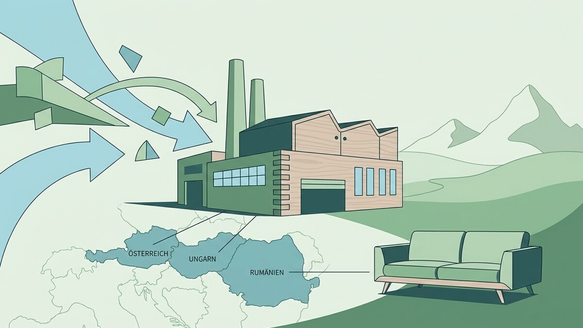 Industrieanlage mit Pfeilen, Karte von Österreich, Ungarn, Rumänien und Sofa
