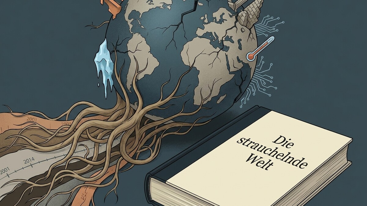 Die strauchelnde Welt mit Wurzeln und Thermometer auf Buch