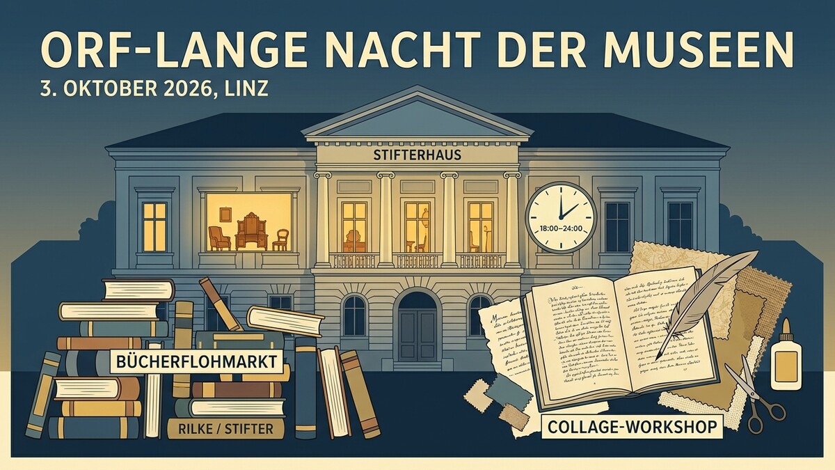 ORF-Lange Nacht der Museen in Linz am 3. Oktober 2026 mit Stifterhaus, Büchermarkt und Collage-Workshop