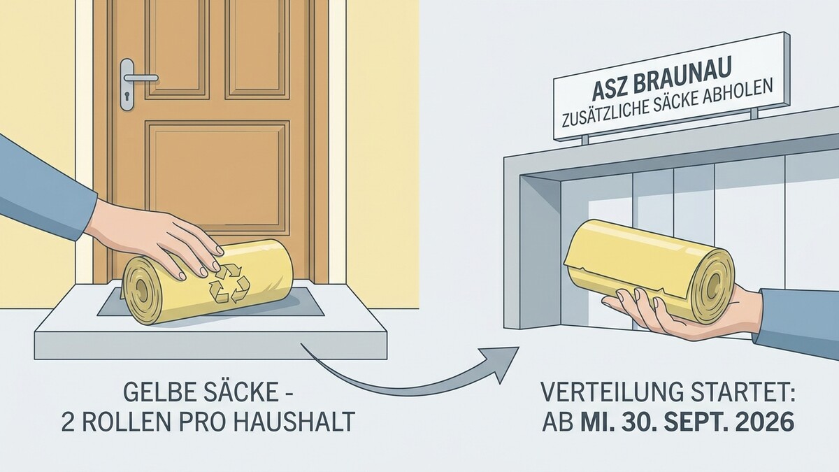 Gelbe Säcke werden vor einer Tür abgelegt und beim ASZ Braunau abgeholt, zusätzliche Säcke.