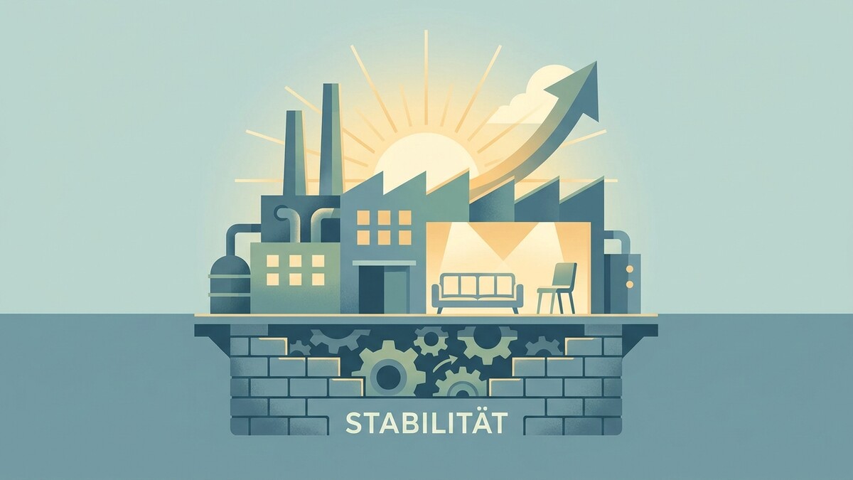 Industriegebäude mit Zahnrädern und Pfeil nach oben für Stabilität