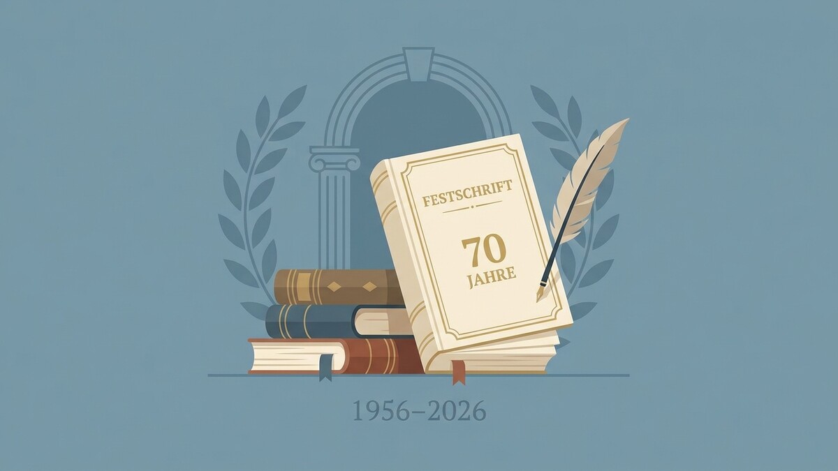Festschrift 70 Jahre, Bücherstapel und Federkiel vor Säule und Lorbeerzweig