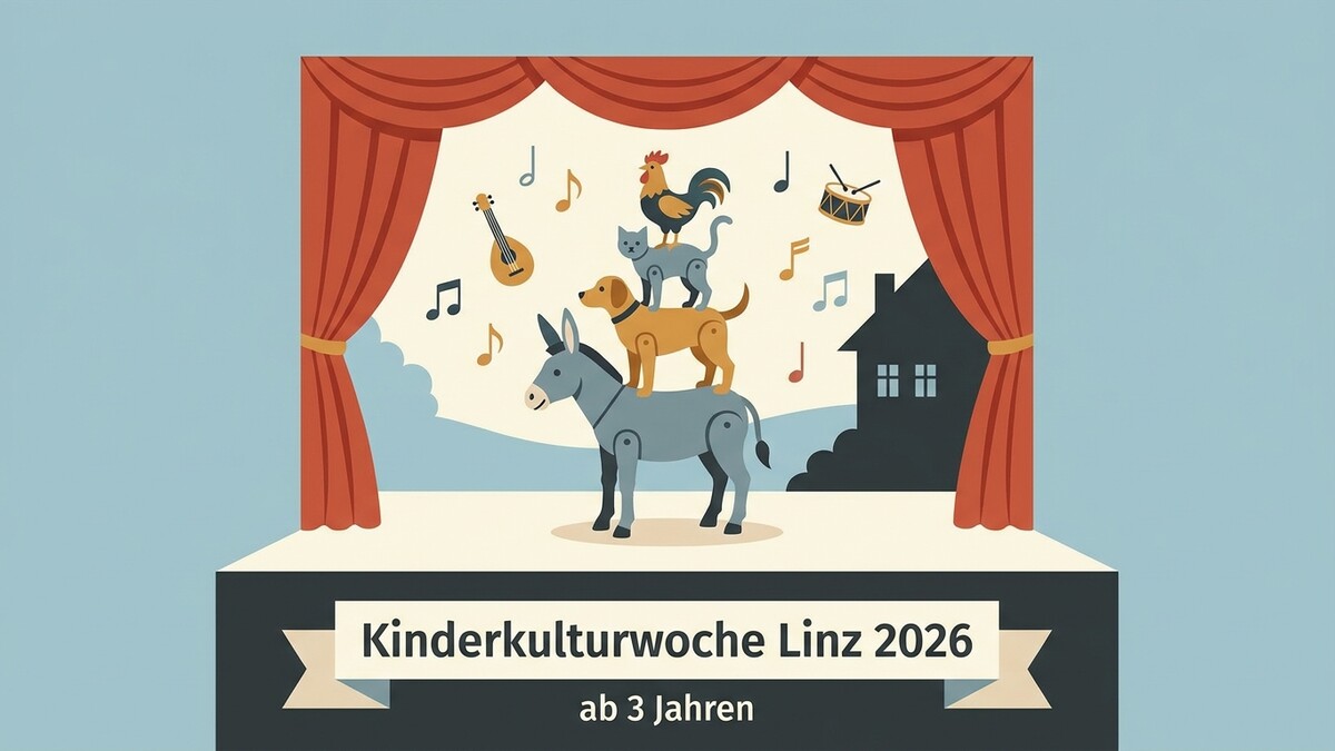 Kinderkulturwoche Linz 2026: Esel, Hund, Katze und Hahn auf Bühne mit Musiknoten