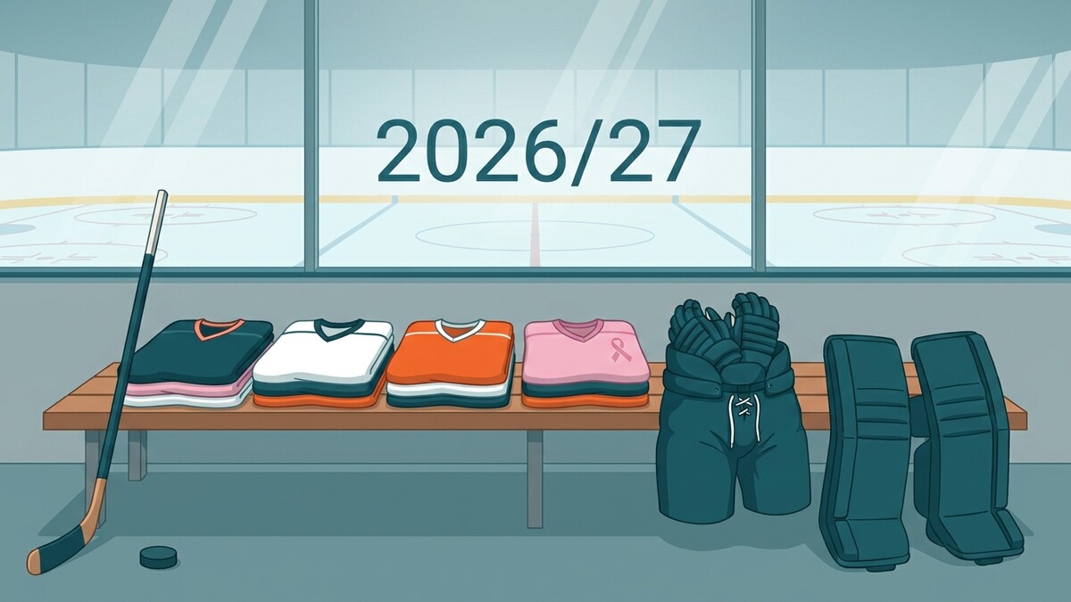 Eishockey-Trikots und Ausrüstung für die Saison 2026/27 auf einer Bank vor einer Eisfläche.