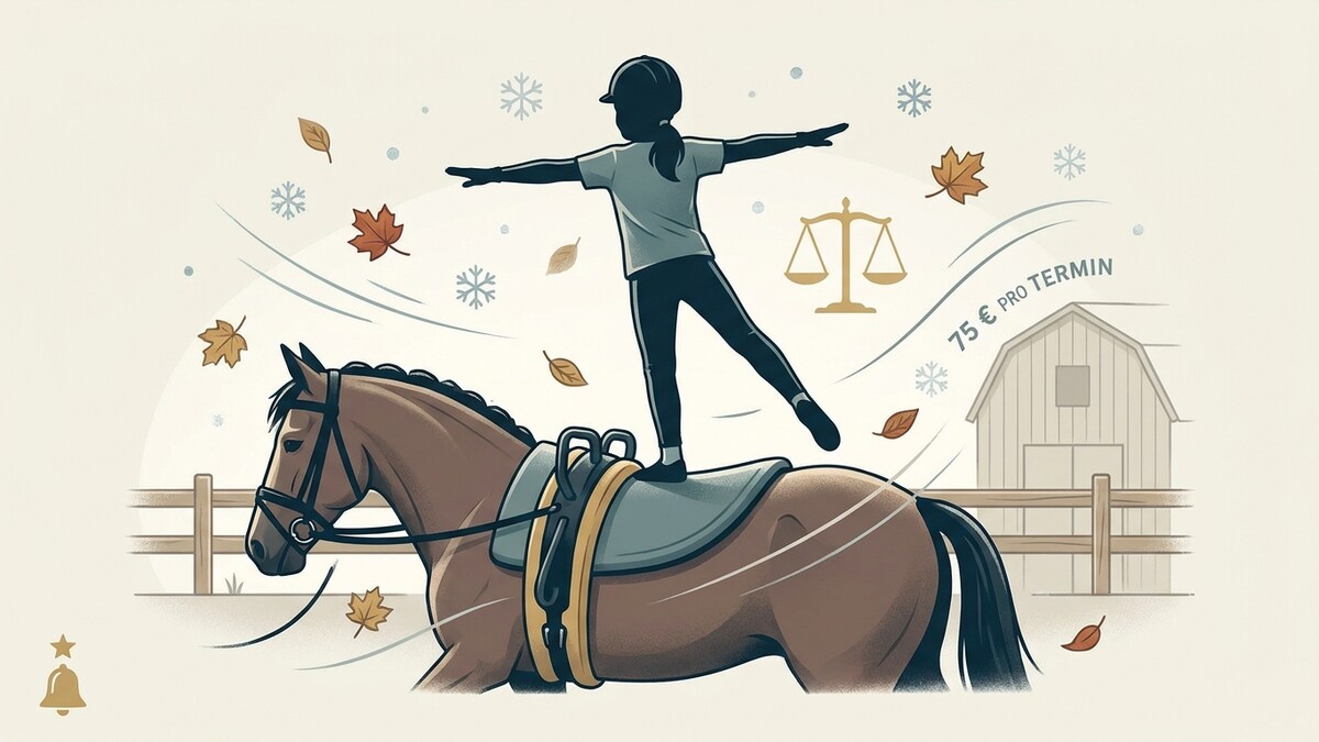 Reiterin balanciert auf Pferd vor Scheune, Waage und Herbstlaub, 75€/Termin.