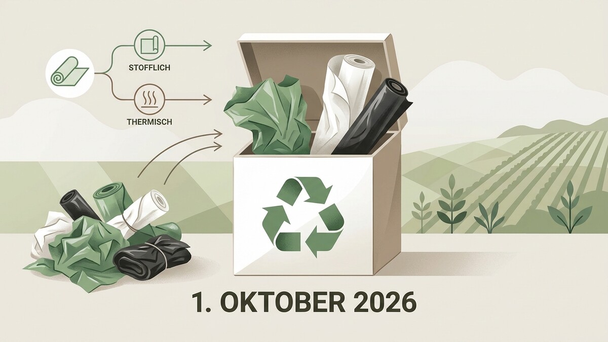 Abfalltrennung von Stofflich und Thermisch mit Recycling-Symbol auf Behälter und Datum 1. Oktober 2026