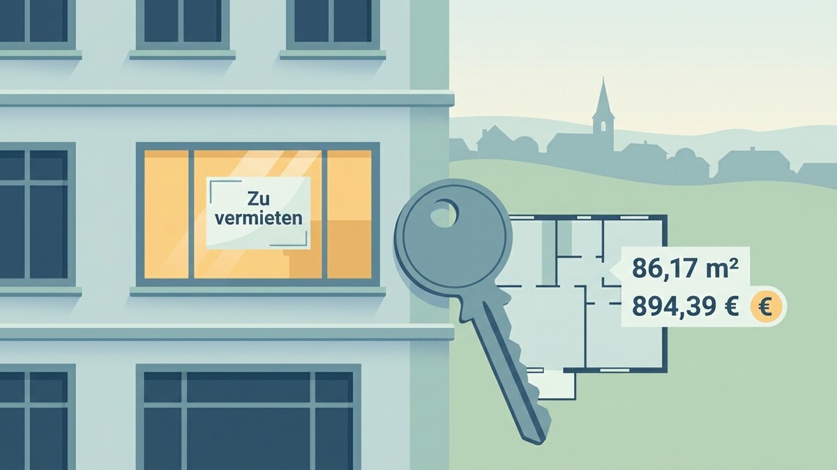 Wohnung zu vermieten mit Grundriss, Schlüssel und Mietpreisangabe in Euro