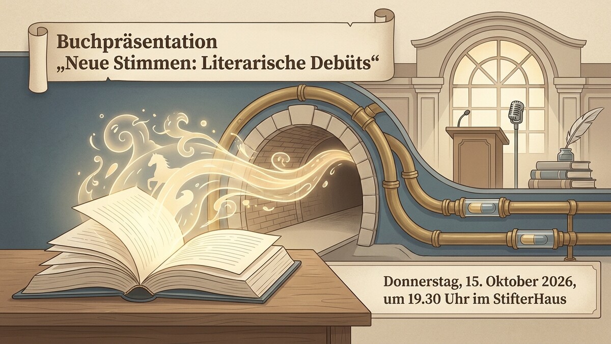 Buchpräsentation „Neue Stimmen: Literarische Debüts“ mit offenem Buch und magischen Lichtern im StifterHaus