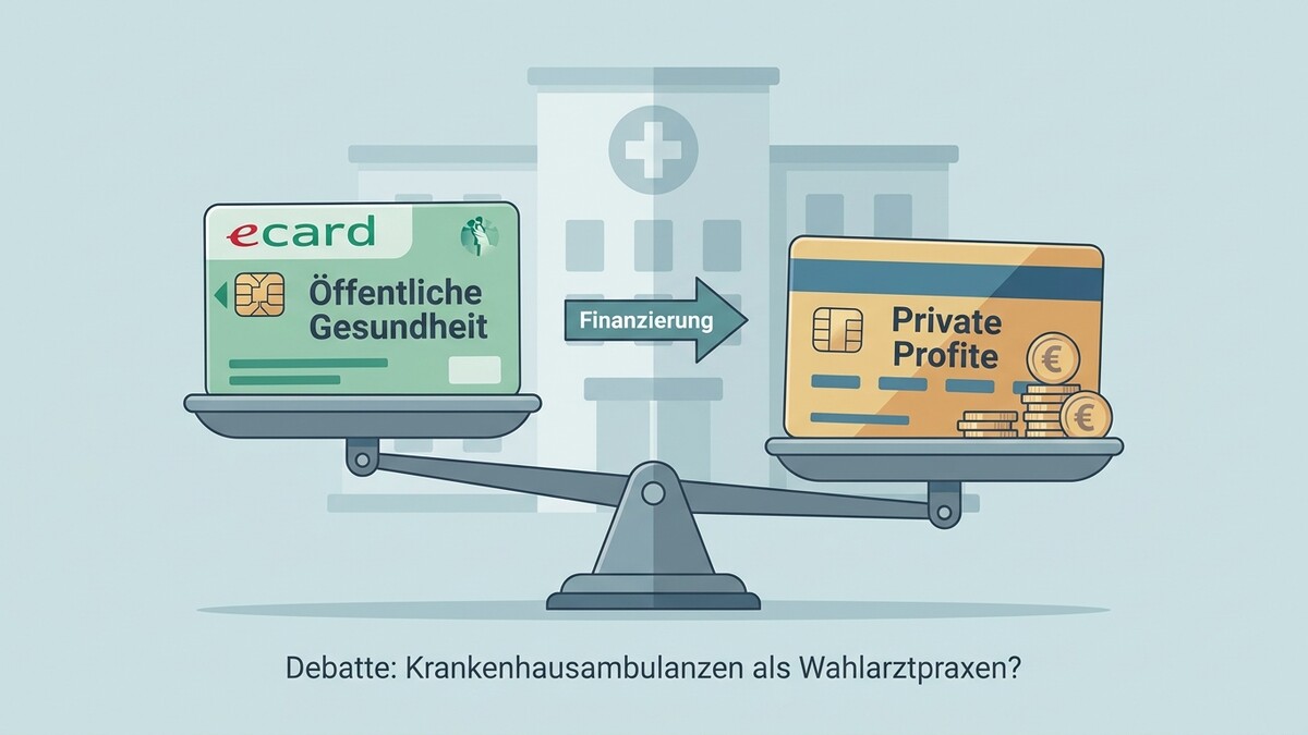 Ecard öffentliche Gesundheit und Private Profite auf einer Waage vor Krankenhaus