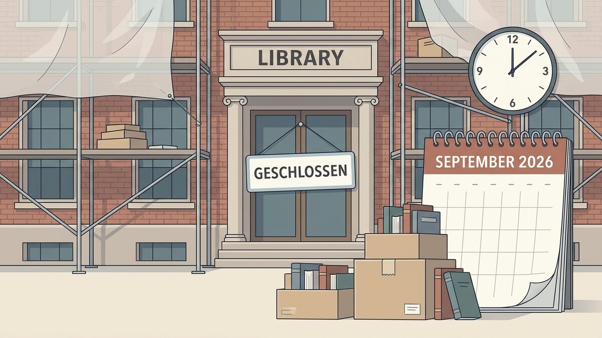 Bibliothek mit Gerüst und "Geschlossen"-Schild, Kalender September 2026
