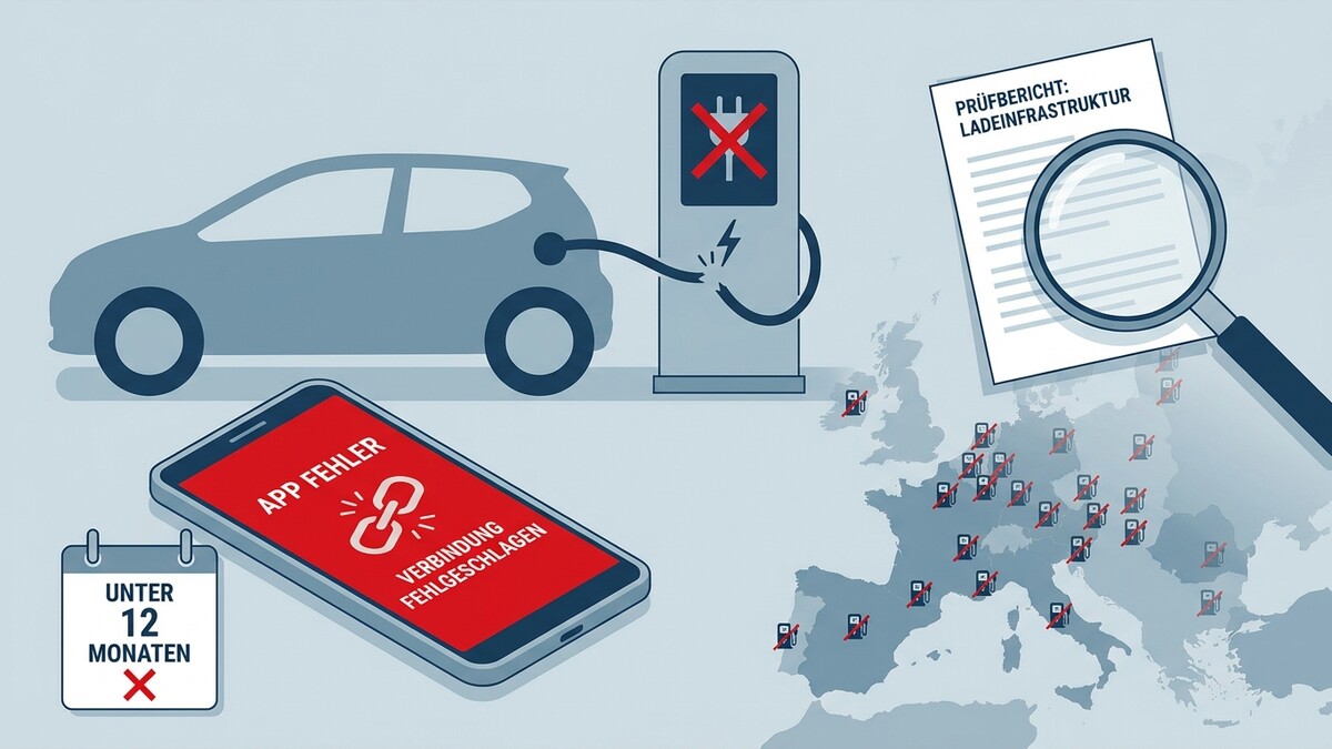 Ladeinfrastruktur-Probleme: E-Auto lädt nicht, App-Fehler, Prüfbericht, Lupe über Europa-Karte
