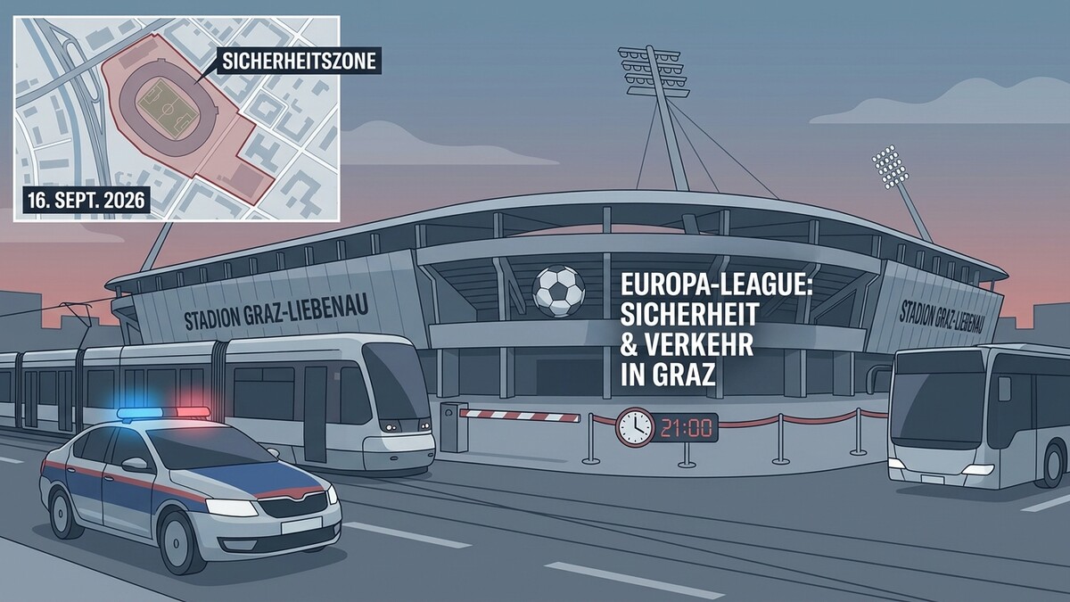 Stadion Graz-Liebenau mit Polizei, Straßenbahn und Bus, Europaleague-Sicherheit und Verkehr in Graz.