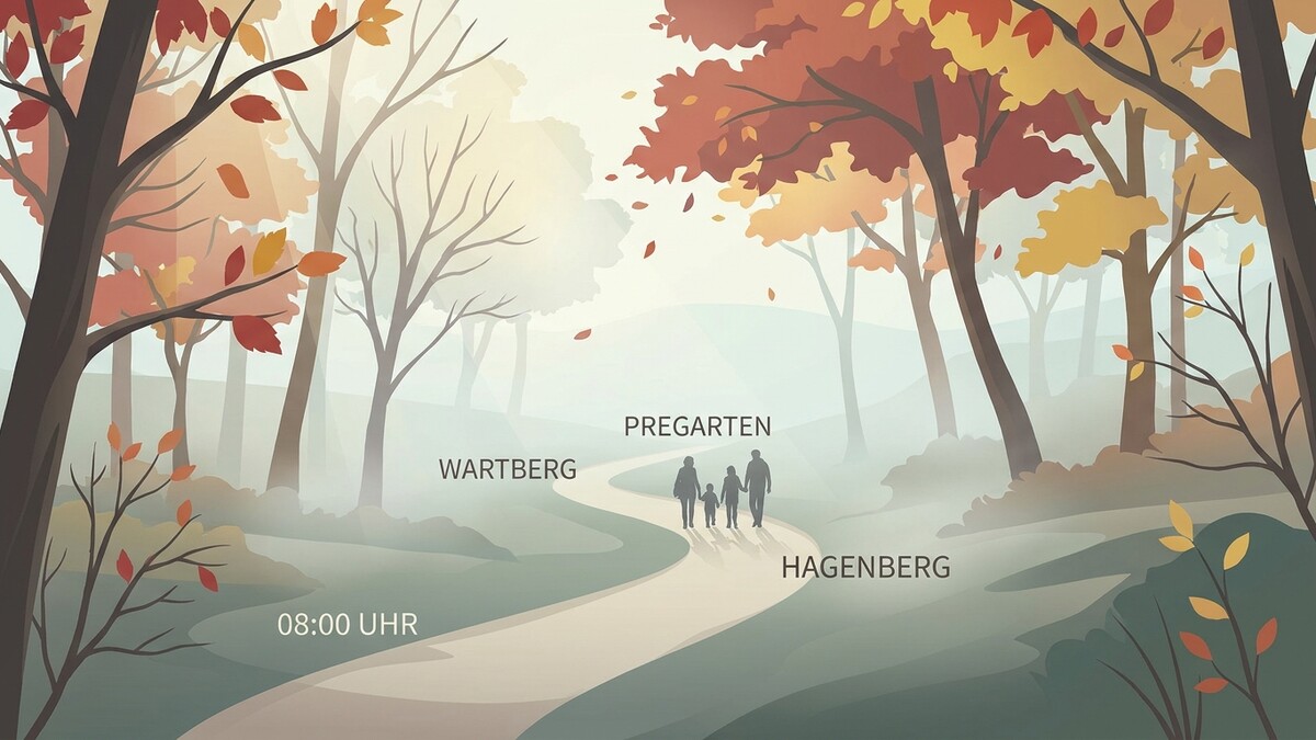 Waldweg im Herbst mit Familie, Beschriftungen: Wartberg, Pregarten, Hagenberg, 08:00 Uhr