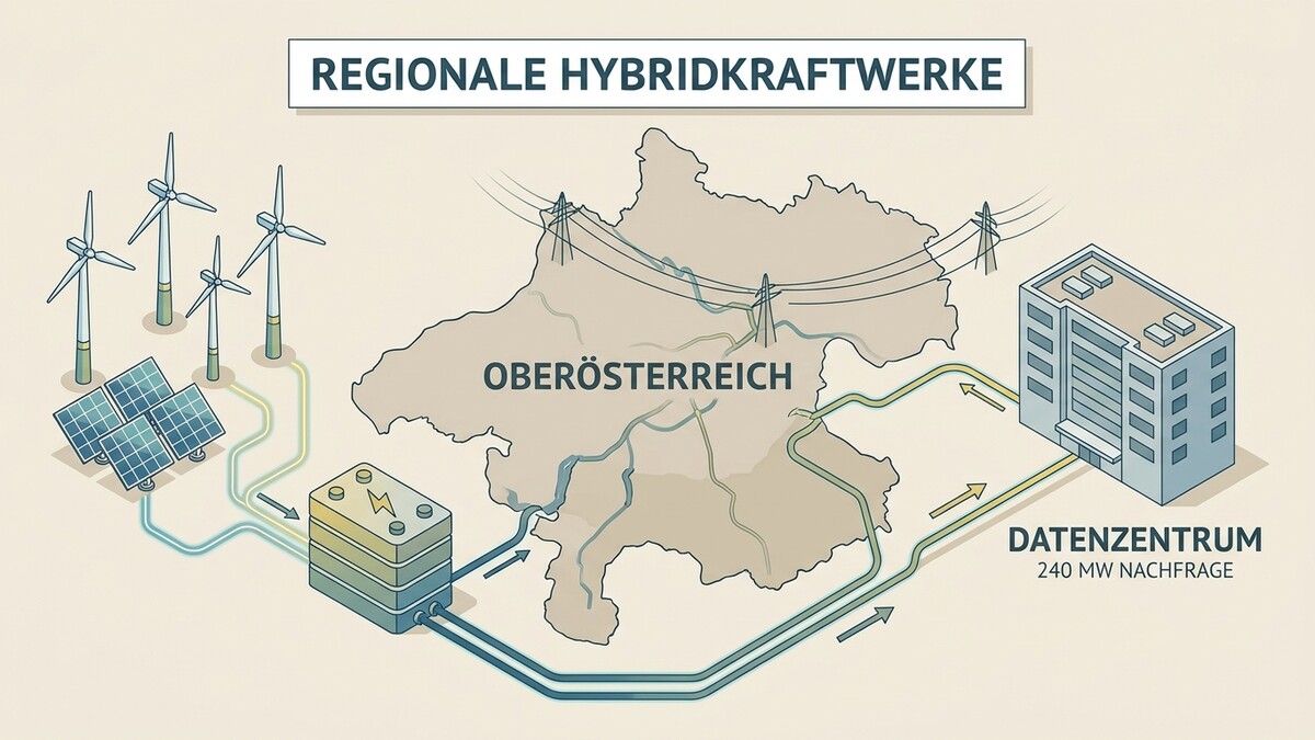 Regionale Hybridkraftwerke: Windräder, Solarpaneele, Energiespeicher und ein Rechenzentrum in Oberösterreich.