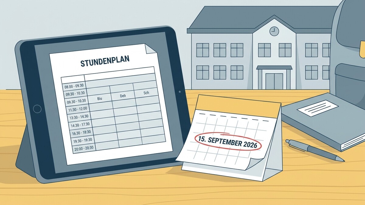 Stundenplan auf Tablet, Kalender 15. September 2026, Schulgebäude im Hintergrund