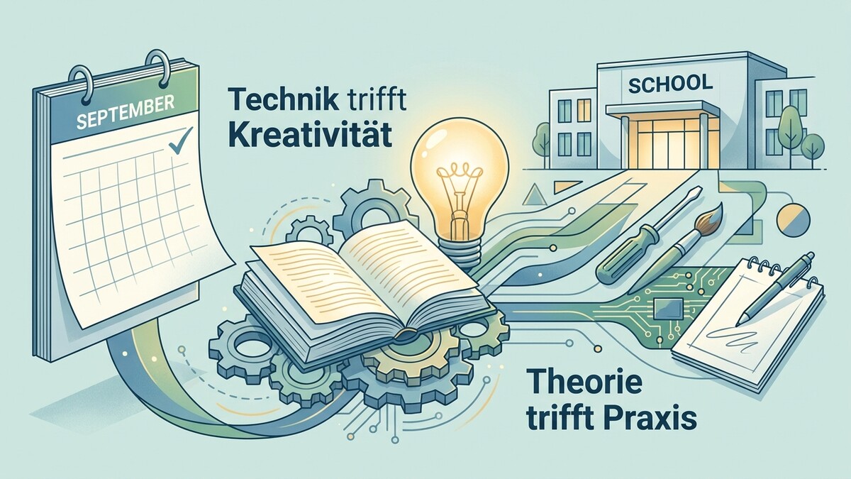 Kalender mit September, Buch, Glühbirne und Schulgebäude symbolisieren Technik trifft Kreativität.
