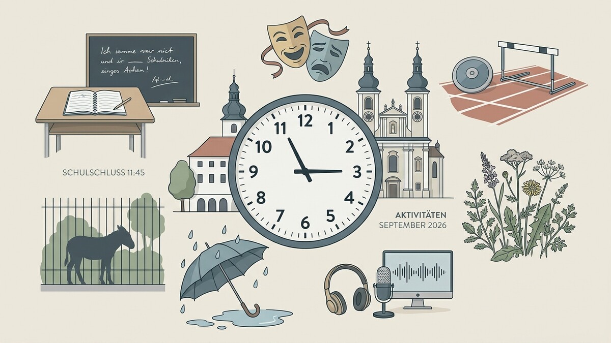 Illustration mit Schulutensilien, Glocke und verschiedenen Aktivitäten