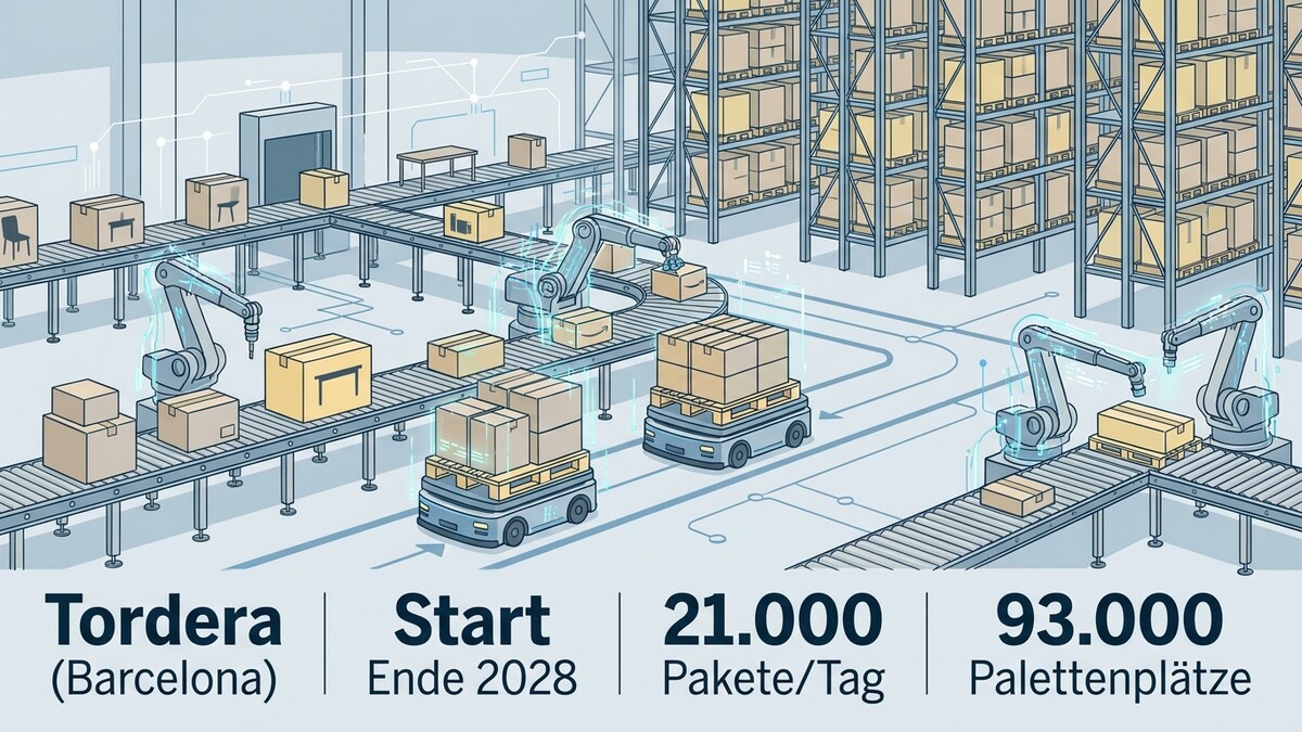 Logistikzentrum Tordera bei Barcelona mit Roboterarmen und automatisierten Transportsystemen