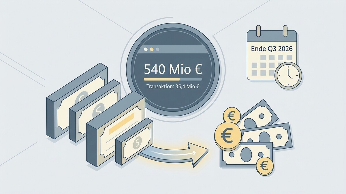 Mio € Transaktion 35,4 Mio € Ende Q3 2026 Kalender mit Uhr und Geldscheinen