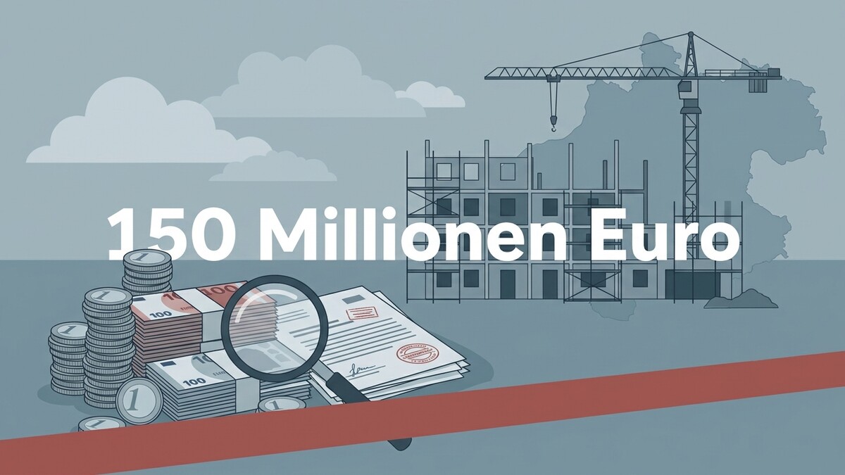 150 Millionen Euro auf Baustelle mit Baukränen und Geldscheinen
