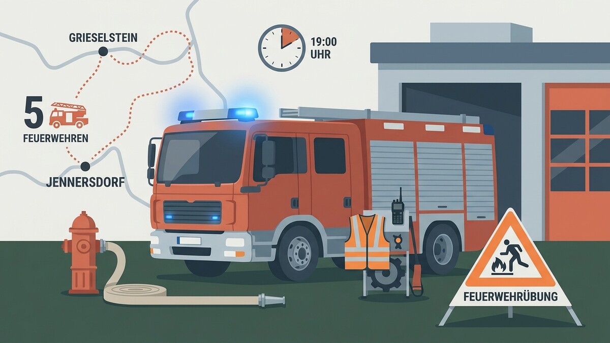 Feuerwehrübung in Grieselstein und Jennersdorf mit Feuerwehrauto und Übungsschild