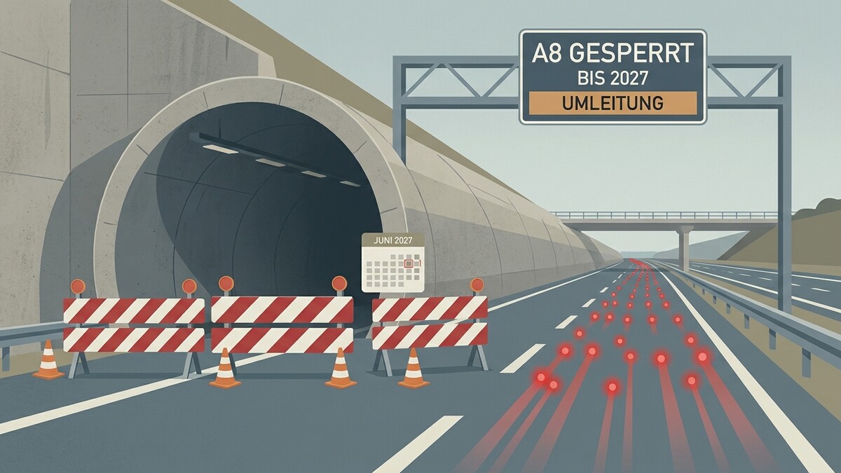 A8 Sperre bis Juni 2027 mit Umleitung und Baustellenabsperrung vor Tunnel