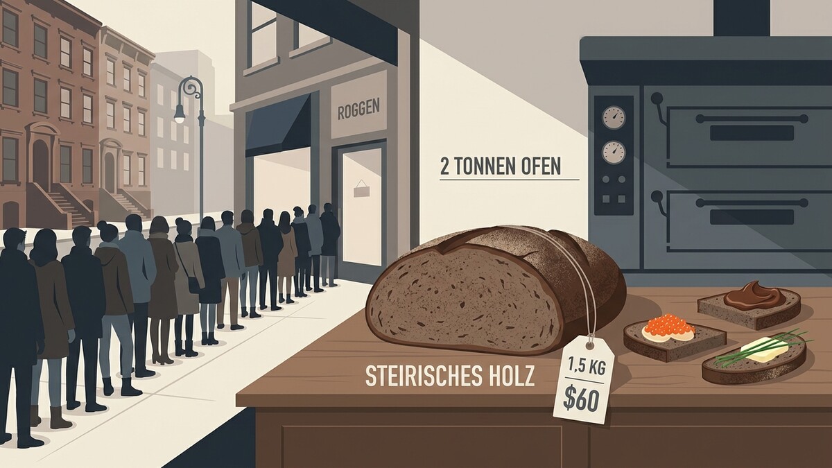 Brot in Schlange vor Roggenbäckerei mit 2 Tonnen Ofen und Brotscheiben mit Belag