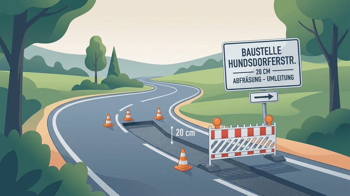 Baustelle Hundsdorferstr. mit 20 cm Abfräsung und Umleitung, Absperrung