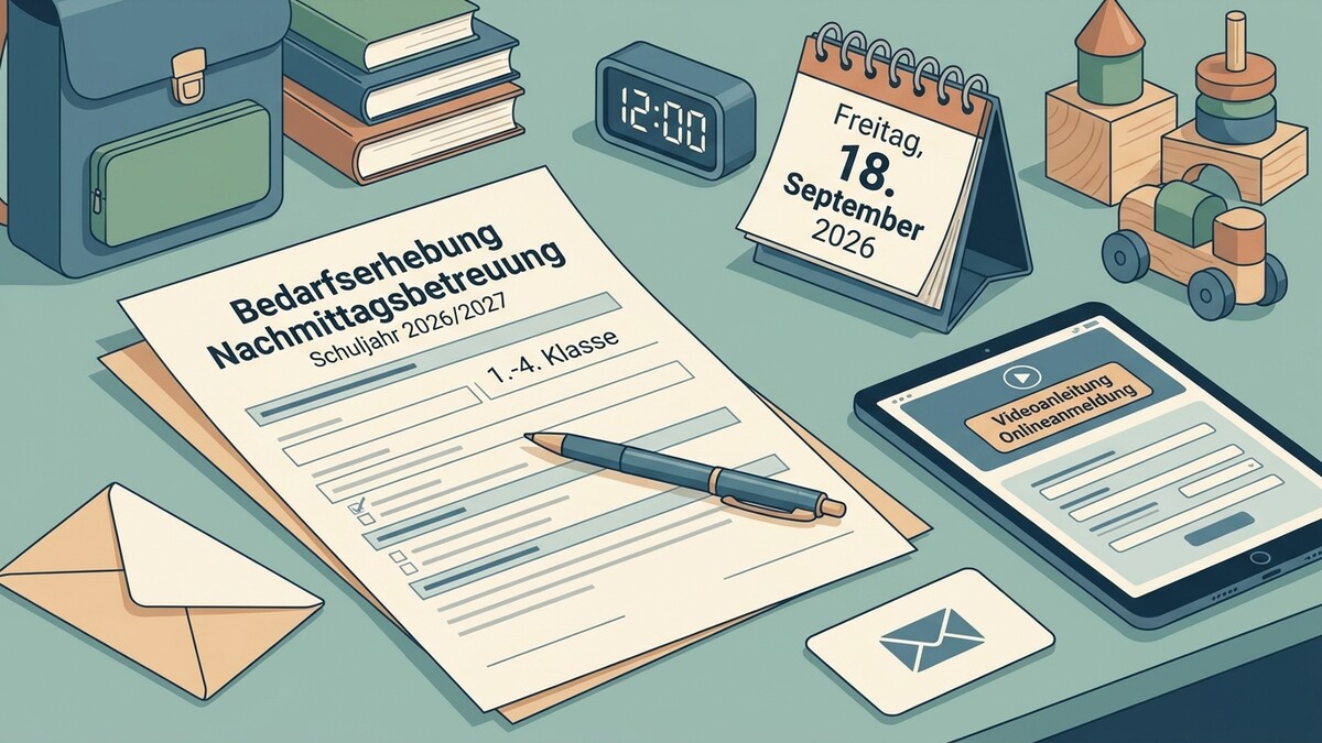 Bedarfserhebung Nachmittagsbetreuung Schuljahr 2026/2027 mit Stift und Tablet