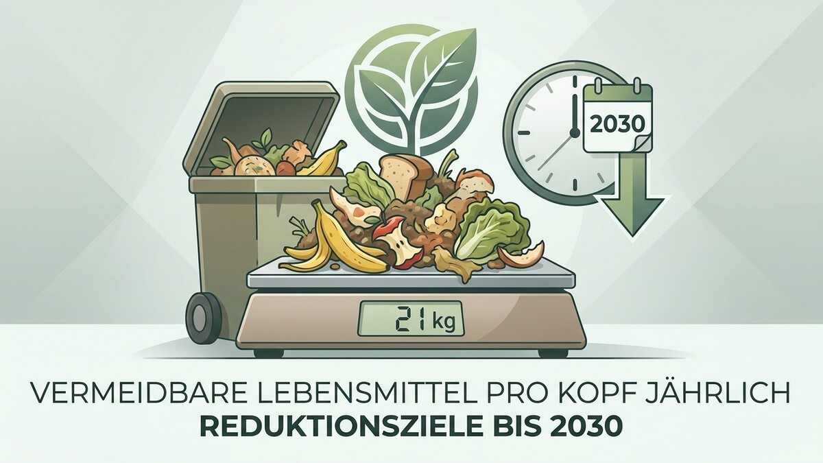 Lebensmittelreduktion bis 2030: Mülltonne, Waage mit 21 kg Abfall, Uhr und Blatt-Symbol