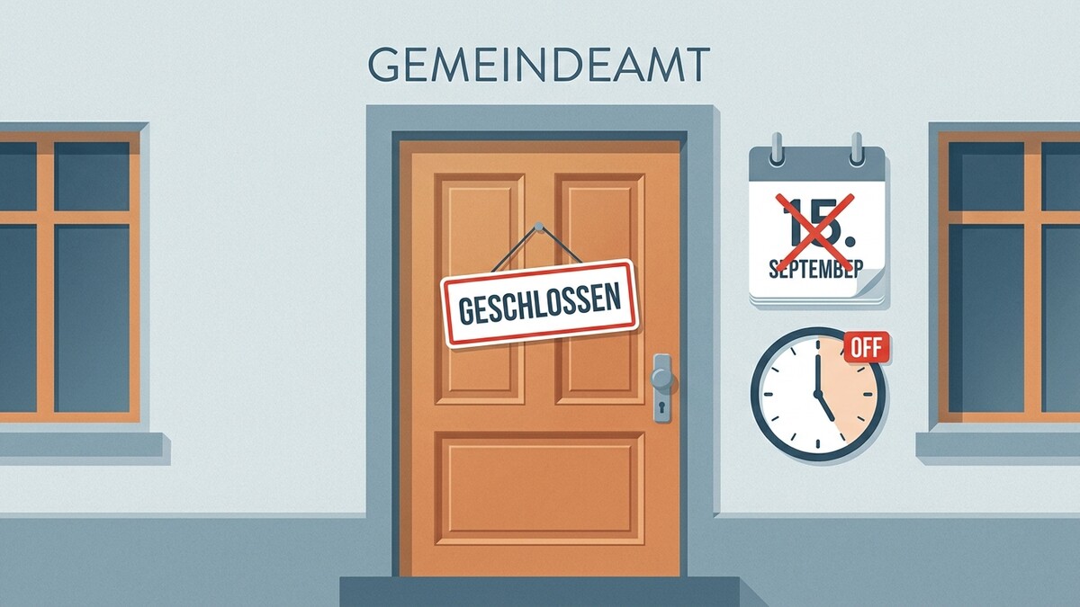 Gemeindeamt geschlossen: Kalenderblatt mit 15. September und Uhr mit "OFF"