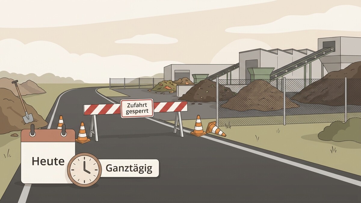 Zufahrt gesperrt: Baustelle mit Schaufel und Verkehrskegeln auf der Straße
