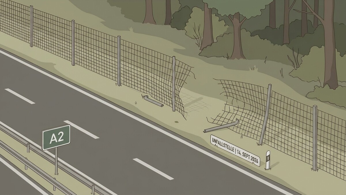 A2 Autobahn mit beschädigtem Wildschutzzaun und Unfallstelle am 14. Sept. 2026