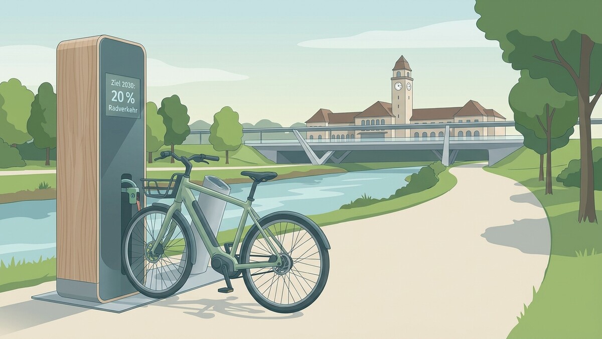 E-Bike bei Ladestation am Flussufer vor Bahnhofsgebäude mit Brücke